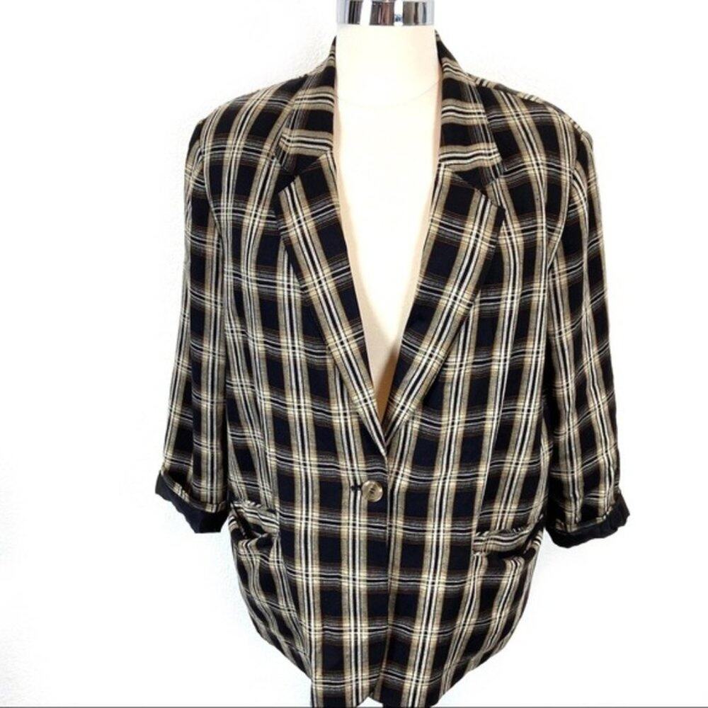 Retro Plaid Blazer Women Size 22 W Linen Blend Boyfriend Style Secretary chic
